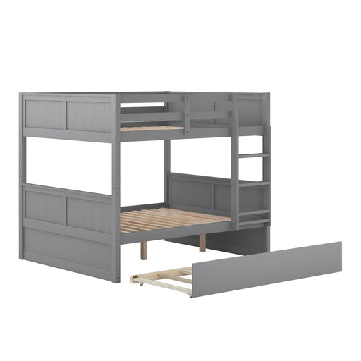 DreamHaus bunk bed with twin size trundle, sturdy wooden frame, featuring two stacked beds and a pull-out trundle for extra sleeping space.