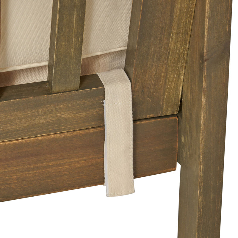 Pair of Noble House Casa Acacia wood club chairs with gray and cream water-resistant cushions for outdoor seating.