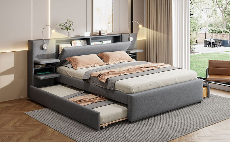 Upholstered Platform Bed With Reading Lights, Drawers, Trundle And Shelves - R&R Furniture Gallery (Fountain Valley, CA)