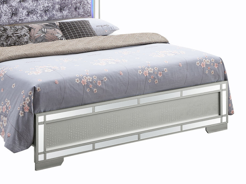 Glory Furniture Madison upholstered bed with LED lighting, showcasing a modern design with padded fabric headboard and sleek frame.