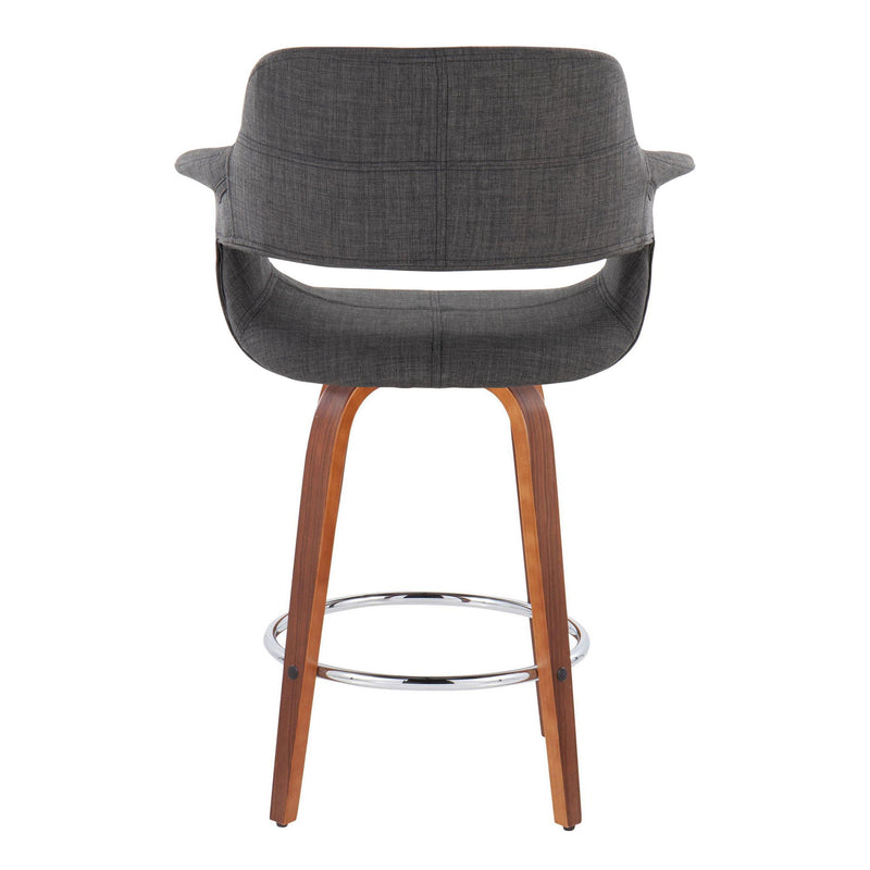 Pair of Lumi Source vintage flair mid-century modern fixed height counter stools with swivel, round footrests, and sleek design.