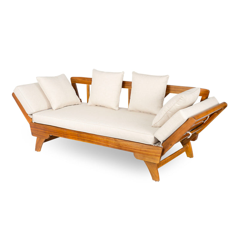 Outdoor patio daybed sofa by Noble House with 3 seats, foldable armrests, and four back pillows for comfortable seating.
