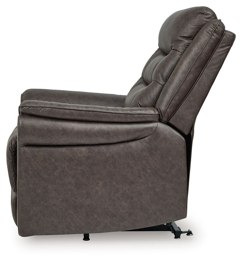 Signature Design by Ashley Oatman Power Lift Recliner in neutral fabric, featuring plush cushioning and a sturdy lift mechanism.