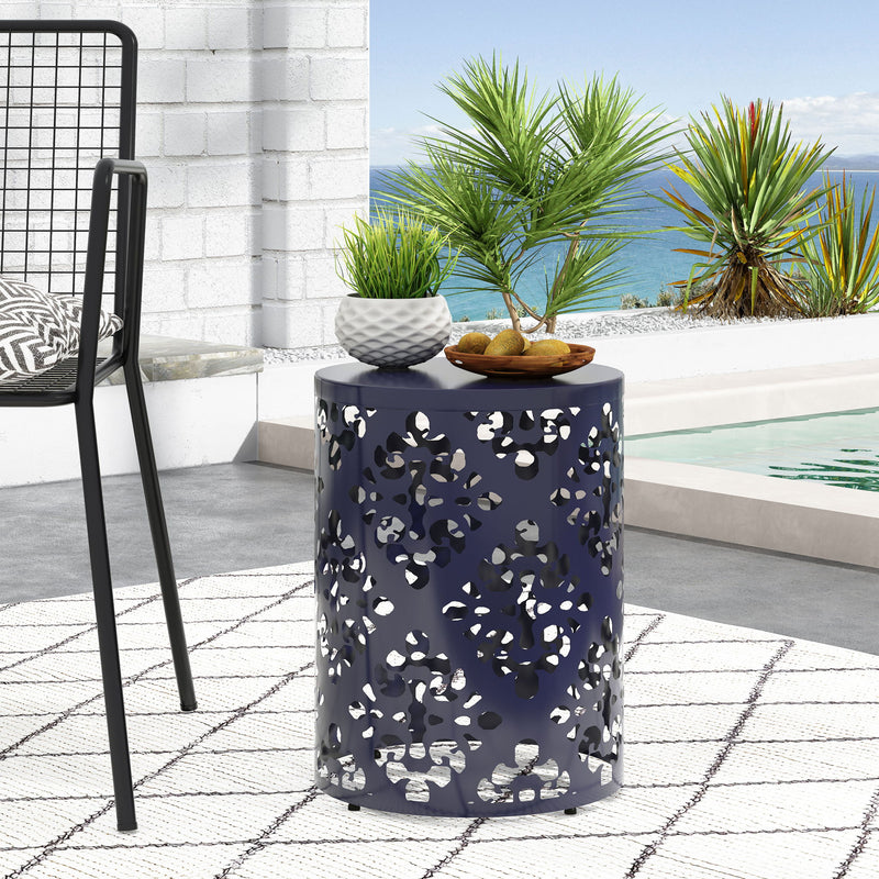 Modern outdoor metal end table by Noble House with sleek design, suitable for patio or garden use.