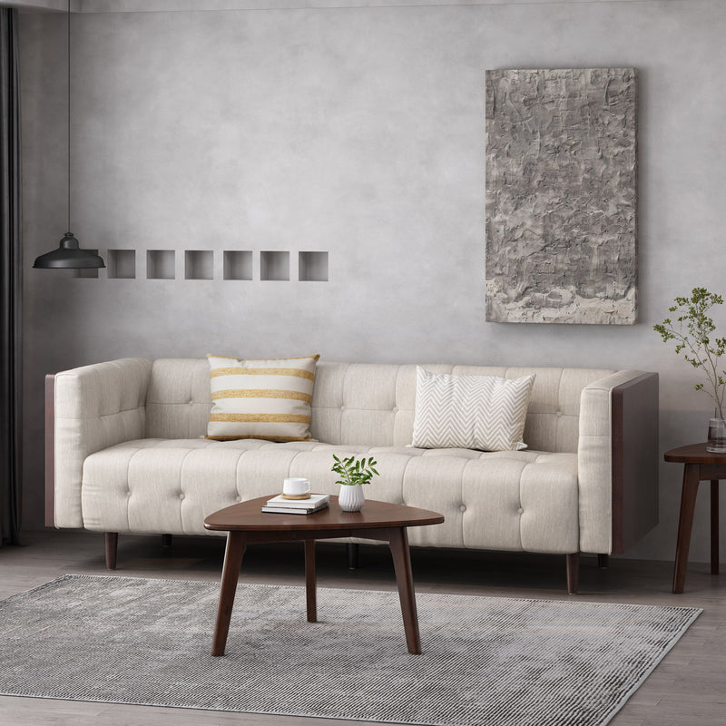 Contemporary Noble House 3-seater sofa with mid-century charm, button tufted waffle stitching, and plush stationary design.