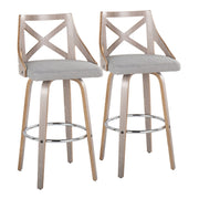 Lumi Source Charlotte farmhouse fixed height bar stools with round footrest, set of 2, featuring wooden seats and sturdy metal frames.