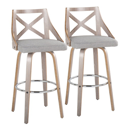 Lumi Source Charlotte farmhouse fixed height bar stools with round footrest, set of 2, featuring wooden seats and sturdy metal frames.