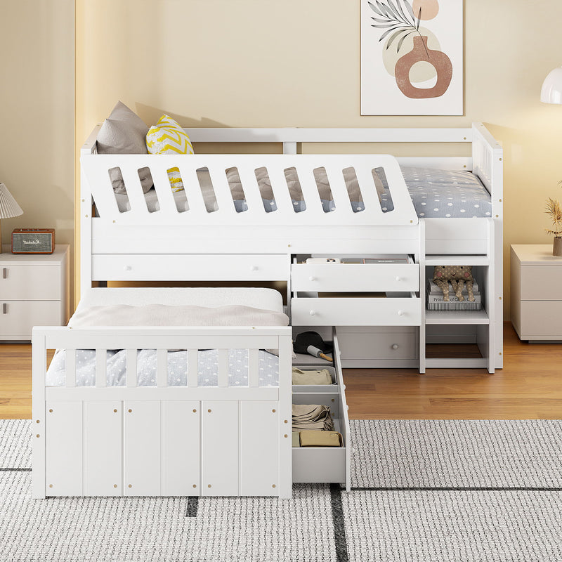 DreamHaus loft platform bed with 7 drawers, full guardrails, and modern L-shape design for space-saving bedroom storage.