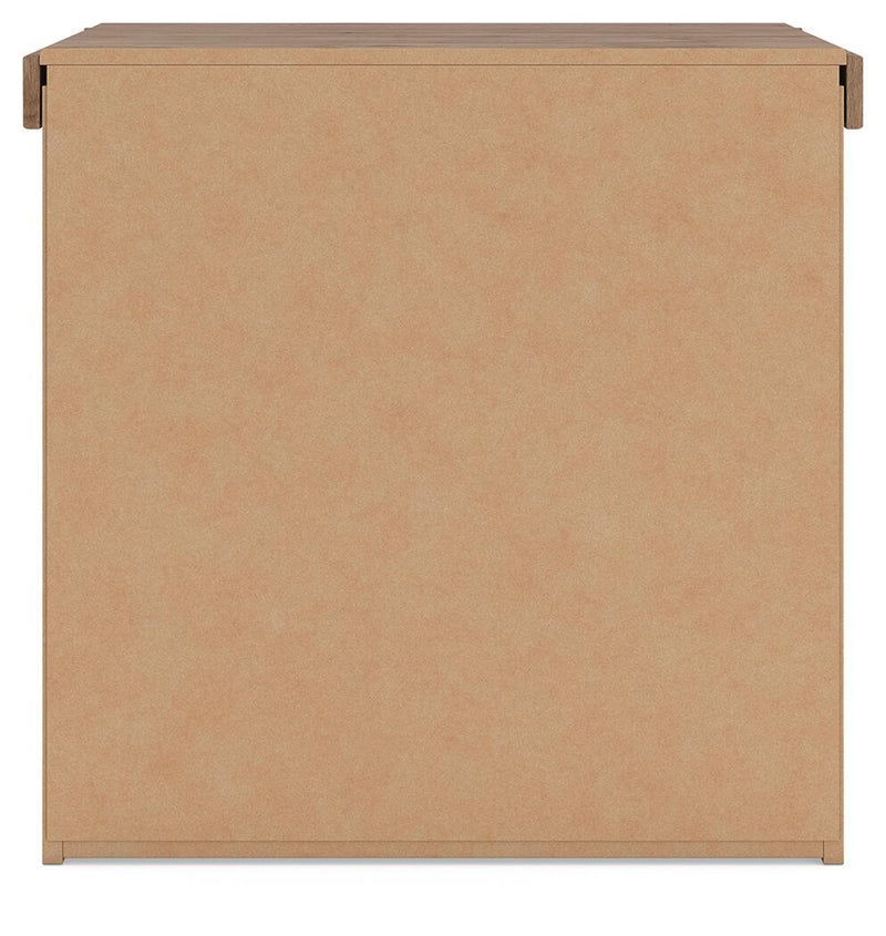 Benchcraft Savonport two-drawer nightstand with charging station in white and brown, showing sleek wood finish and functional design.