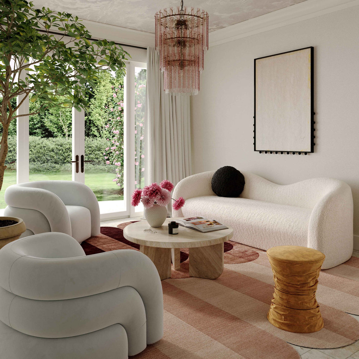 Leonie beige faux shearling stationary sofa by TOV Furniture, with plush fabric and modern design, shown in a cozy living room setting.