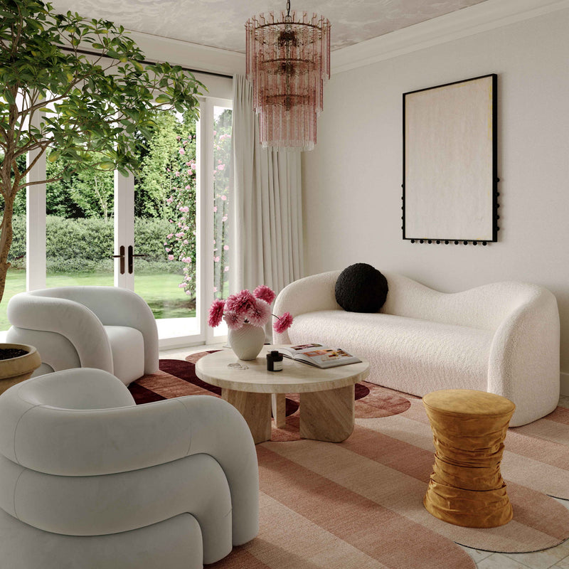 Leonie beige faux shearling stationary sofa by TOV Furniture, with plush fabric and modern design, shown in a cozy living room setting.