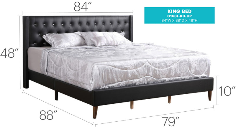 Contemporary upholstered bed by Glory Furniture in a spacious bedroom setting, showcasing a stylish and modern design.
