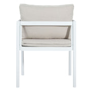 Set of two Noble House all-weather outdoor dining chairs with metal frames and woven rattan seats for patio or garden use.