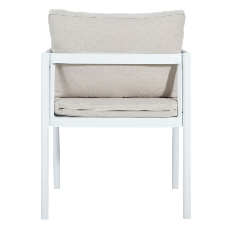 Set of two Noble House all-weather outdoor dining chairs with metal frames and woven rattan seats for patio or garden use.