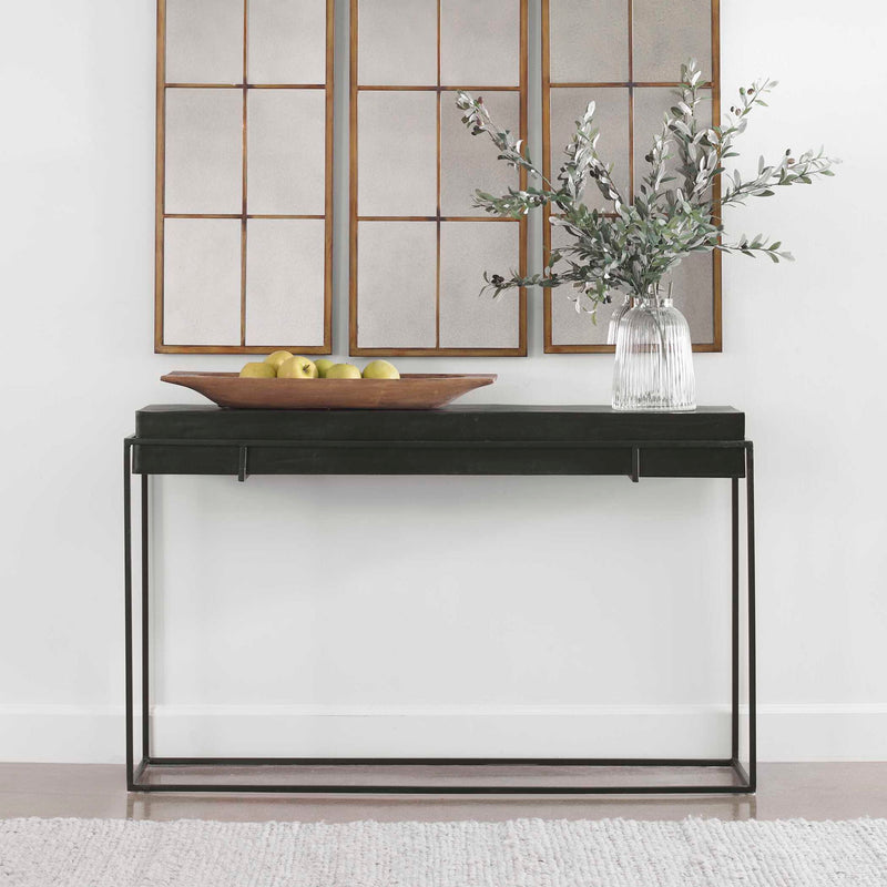 Modern Uttermost Telone console table with sleek design, wood surface, and metal legs, ideal for entryways or living rooms.