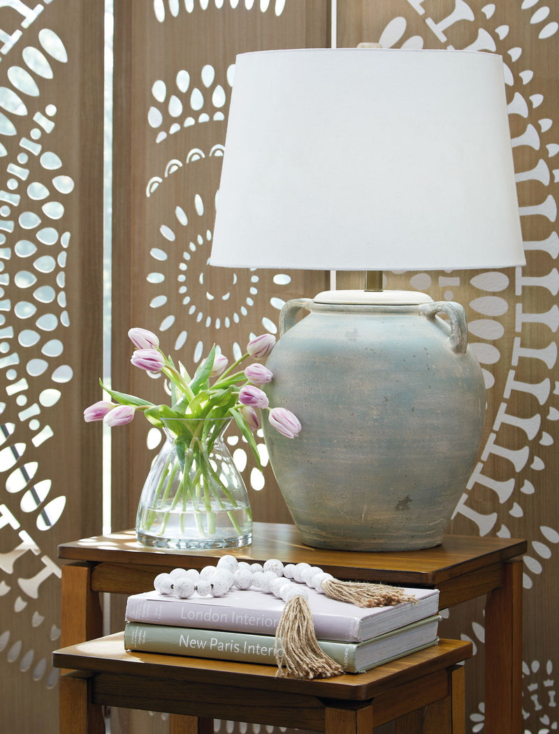 Shawburg - Terracotta Table Lamp - Antique Green - R&R Furniture Gallery (Fountain Valley, CA)