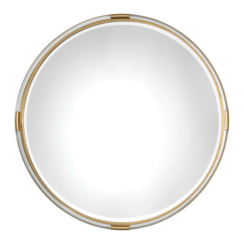 Gold round wall mirror by Uttermost featuring a sleek, modern design with a thin metal frame for contemporary decor.
