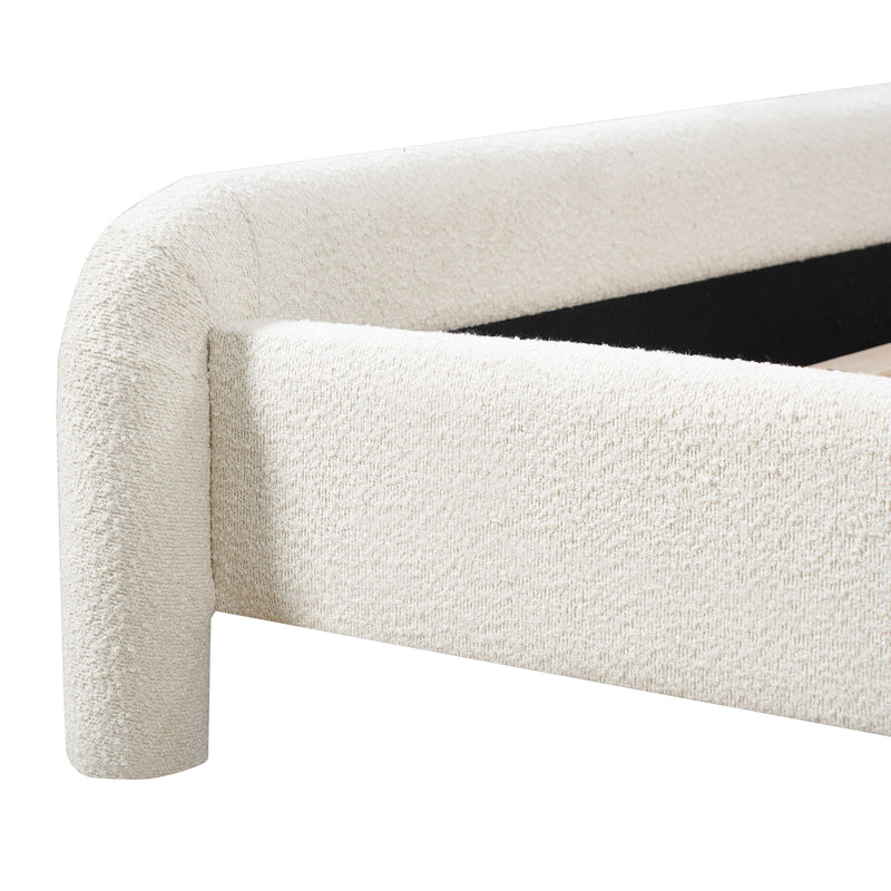 Artistry At Home upholstered platform bed frame with curved headboard and wood slats support, modern bedroom furniture.