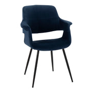 Pair of Lumi Source vintage flair art deco accent chairs with black metal legs, upholstered in blue or cream fabric.
