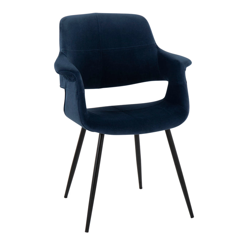Pair of Lumi Source vintage flair art deco accent chairs with black metal legs, upholstered in blue or cream fabric.