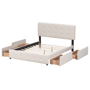 DreamHaus upholstered platform bed with classic headboard and built-in storage drawers, no box spring needed, in a modern bedroom setting.