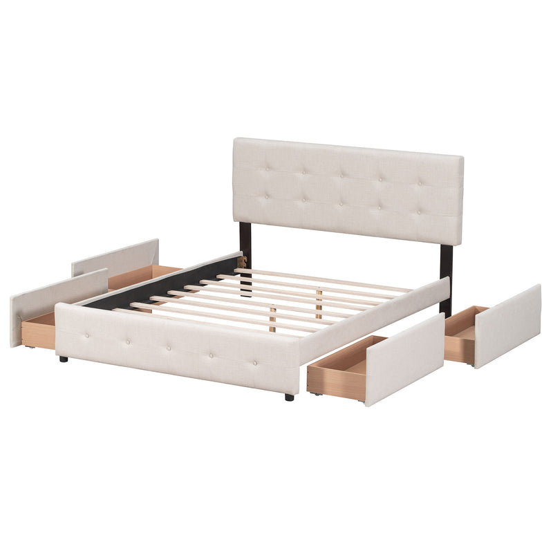 DreamHaus upholstered platform bed with classic headboard and built-in storage drawers, no box spring needed, in a modern bedroom setting.