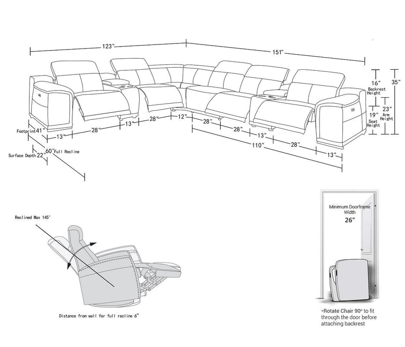 2679 - 8-Piece L-Shaped Power Reclining Sectional In Genuine Leather (4 Recliners)