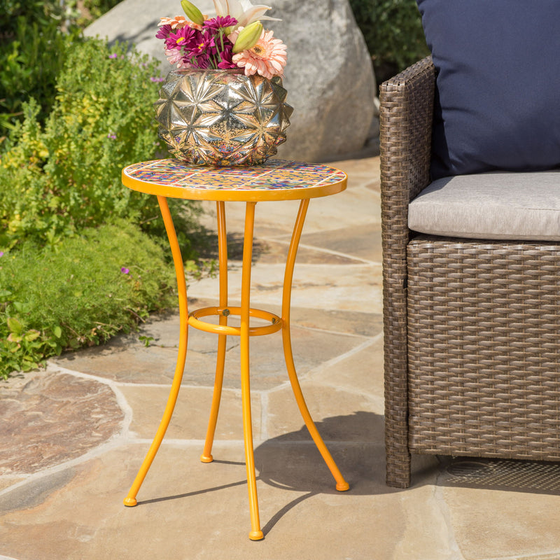Noble House outdoor side table with yellow tile mosaic tabletop, featuring a sturdy frame and vibrant, decorative surface.