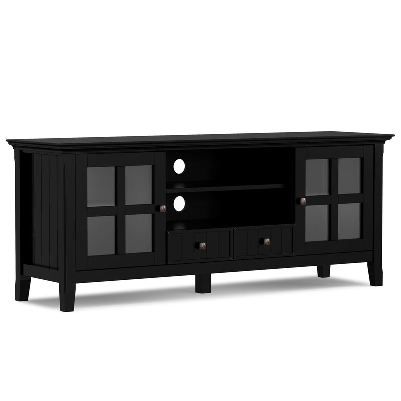 Simpli-Home Acadian TV media stand with open shelves and storage compartments, made of wood with a natural finish.