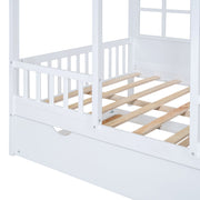 DreamHaus house bed with twin size trundle and daybed, showcasing a cozy wooden frame and comfortable bedding.