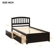 DreamHaus platform storage bed with wooden frame, two drawers, and headboard, showcasing a modern, functional bedroom furniture piece.