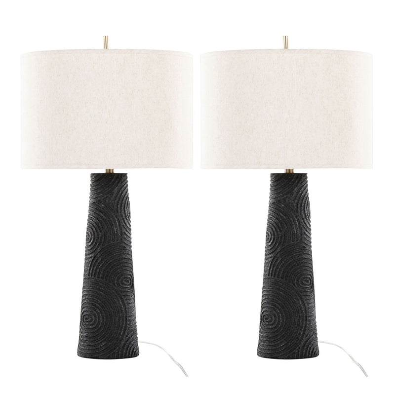 Set of two Lumi Source Kona contemporary table lamps with matte black bases, modern brass accents, and natural shades.