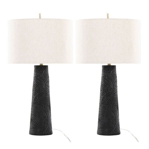 Set of two Lumi Source Kona contemporary table lamps with matte black bases, modern brass accents, and natural shades.