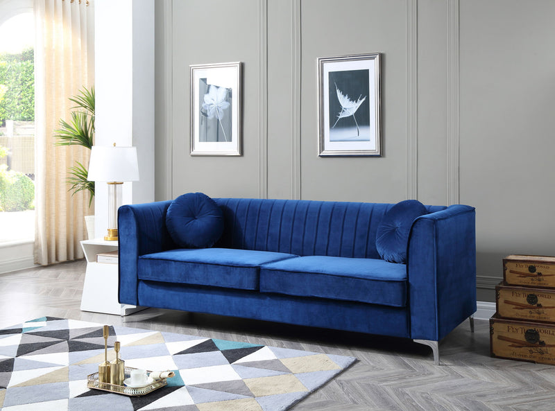 Delray micro suede stationary sofa by Glory Furniture featuring plush cushions and sleek design in a living room setting.