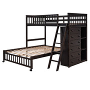 DreamHaus bunk bed with six drawers, flexible shelves, and a bottom bed on wheels, showcasing a modern space-saving design.