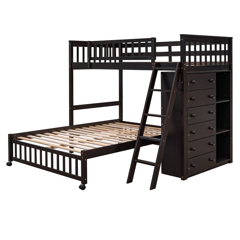 DreamHaus bunk bed with six drawers, flexible shelves, and a bottom bed on wheels, showcasing a modern space-saving design.