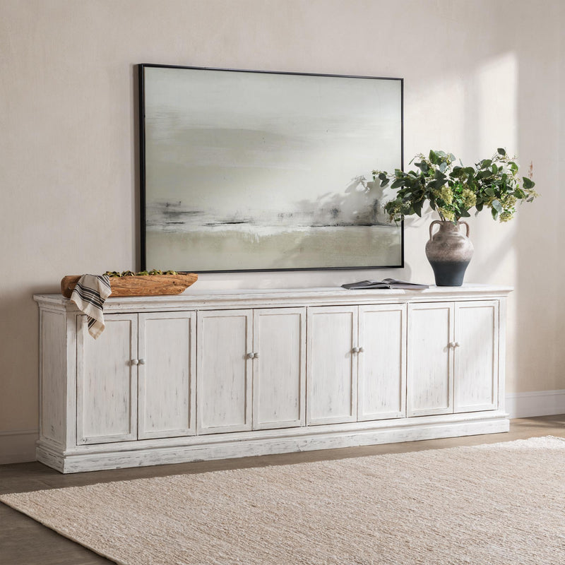 Classic Home Elmer 8-door buffet cabinet in Shoreline Wash finish, showcasing its wooden structure and spacious storage doors.