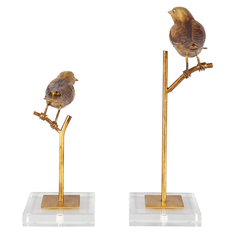 Light brown bird sculptures by Uttermost, set of 2, decorative figurines featuring detailed passerine bird designs.