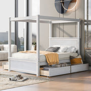 DreamHaus canopy platform bed with built-in drawers, support slats, and no box spring needed, featuring a modern wooden frame.