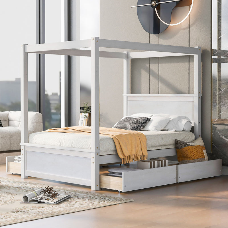DreamHaus canopy platform bed with built-in drawers, support slats, and no box spring needed, featuring a modern wooden frame.