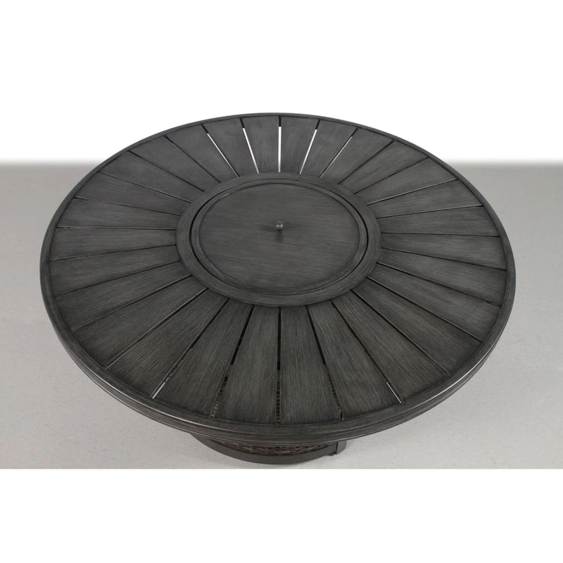 Brown Cassara Resort propane outdoor fire pit table by LSI Patio Furniture with a modern, round design and built-in flame feature.