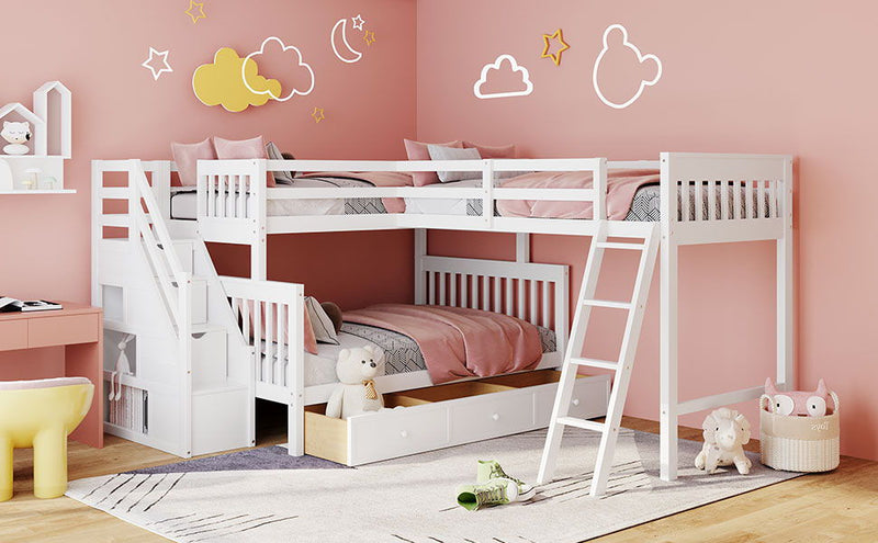 Solid L Shaped Bunk Bed With 3 Drawers, Ladder And Staircase - R&R Furniture Gallery (Fountain Valley, CA)
