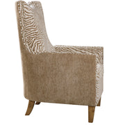 Light brown animal pattern armchair by Uttermost with plush upholstery and wooden legs, showcasing a stylish and comfortable design.