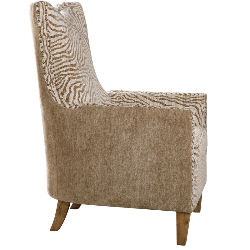 Light brown animal pattern armchair by Uttermost with plush upholstery and wooden legs, showcasing a stylish and comfortable design.