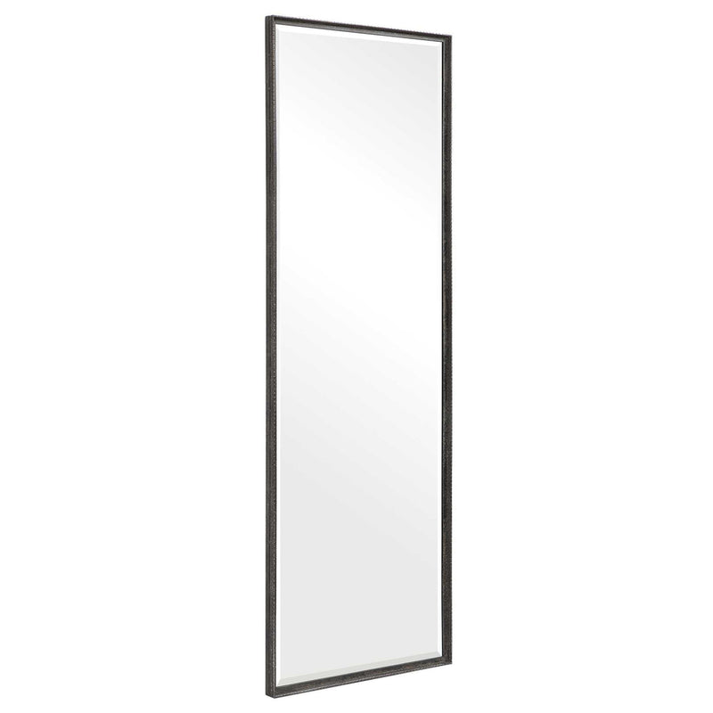 Black Callan Leaner Mirror by Uttermost, sleek full-length dressing mirror with a modern design and sturdy frame.