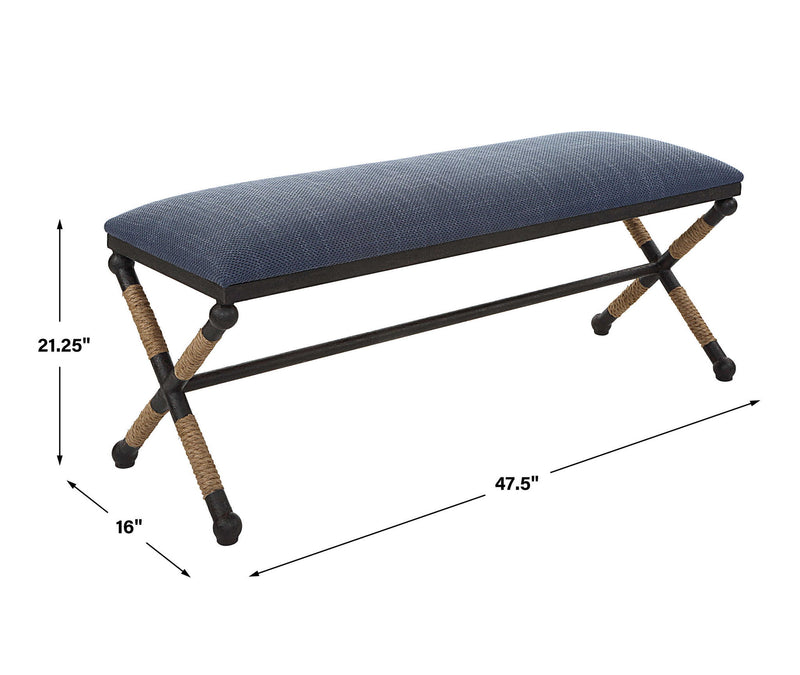 Uttermost Firth accent bench with a sleek wooden top and metal legs, ideal for entryways or living room decor.