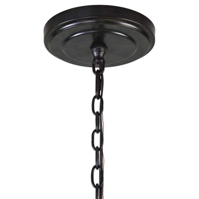 Black 12-light circle chandelier by Uttermost featuring modern design with sleek metal frame and integrated lighting.