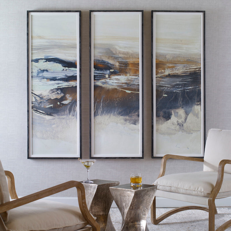 Set of three Horizon framed canvas art prints in graphite and pearl silver by Uttermost, modern wall decor for stylish interiors.
