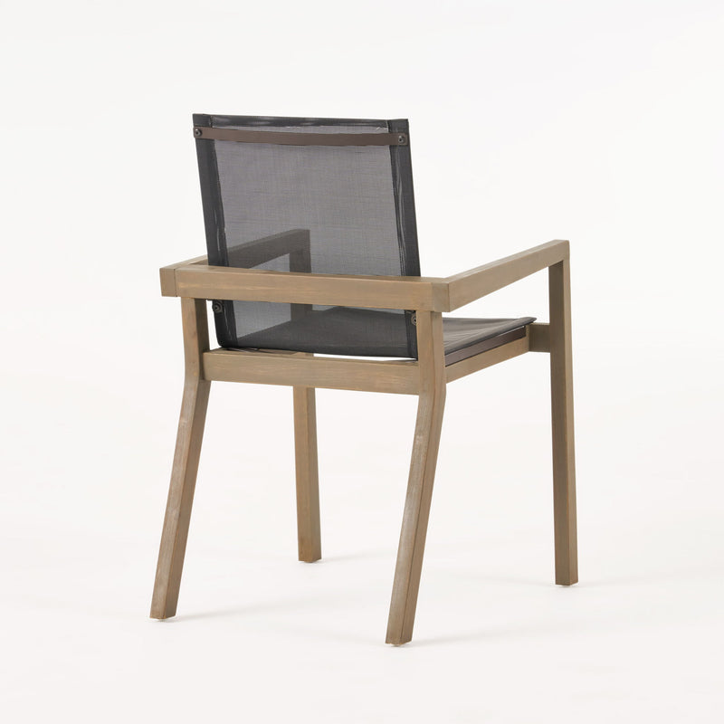 Set of two Noble House Belfast dining chairs with acacia wood frames and cushioned seats, showcasing modern, elegant design.