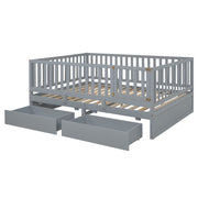 DreamHaus storage daybed with fence guardrails, two drawers, convertible into a floor bed and daybed, featuring a modern design.